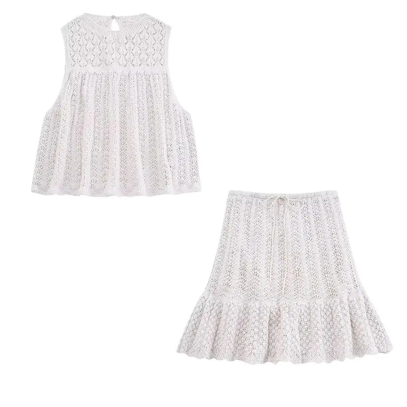 2023 Summer Fashion Knit Set with Floral Mesh Top & Skirt