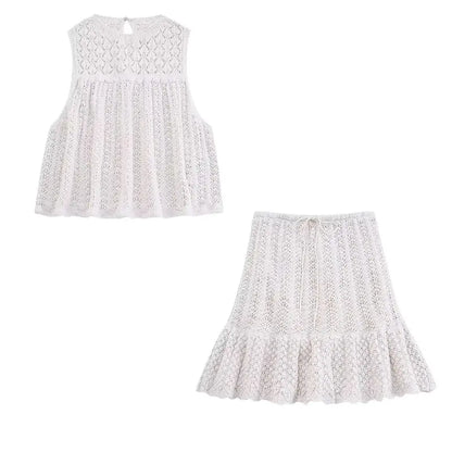 2023 Summer Fashion Knit Set with Floral Mesh Top & Skirt