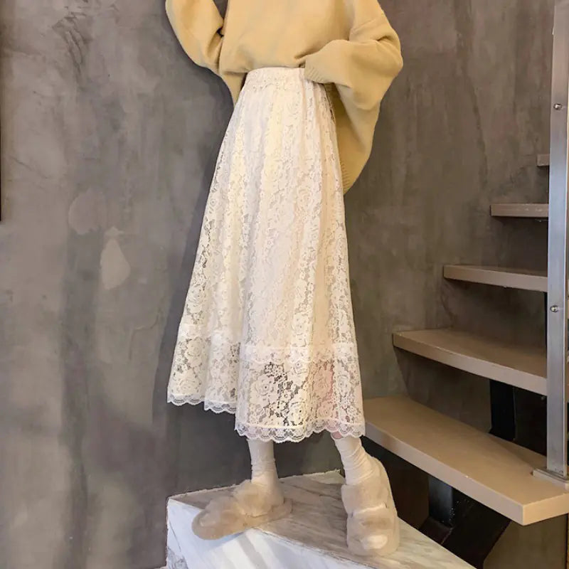 A-line High Waist White Lace Half-length Skirt for Women