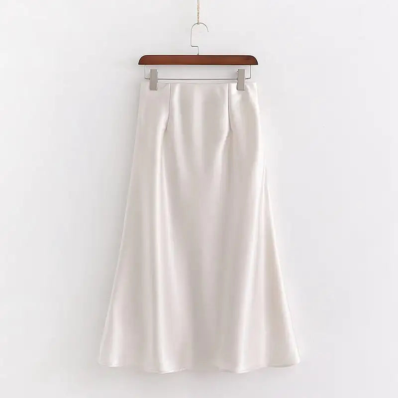 Elegant High Waist White Silk A-line Midiskirt for Women