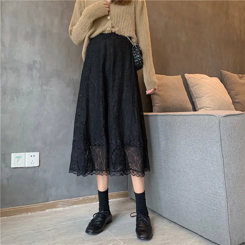 A-line High Waist White Lace Half-length Skirt for Women