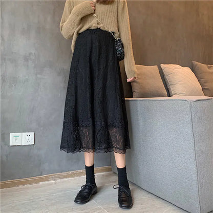 A-line High Waist White Lace Half-length Skirt for Women