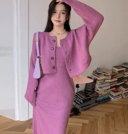 Conjunto de dos piezas: vestido y cárdigan elegante