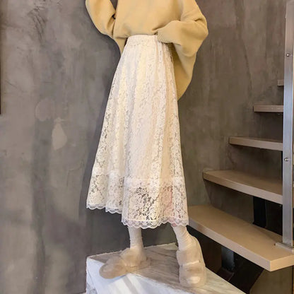 A-line High Waist White Lace Half-length Skirt for Women