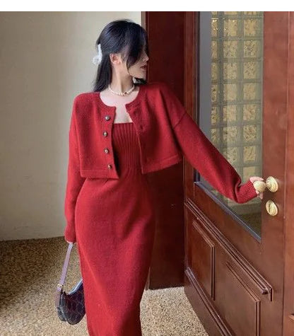 Conjunto de dos piezas: vestido y cárdigan elegante