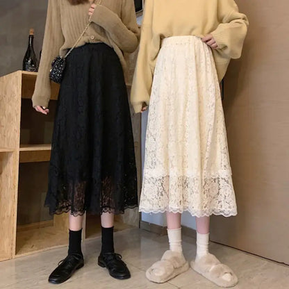 A-line High Waist White Lace Half-length Skirt for Women