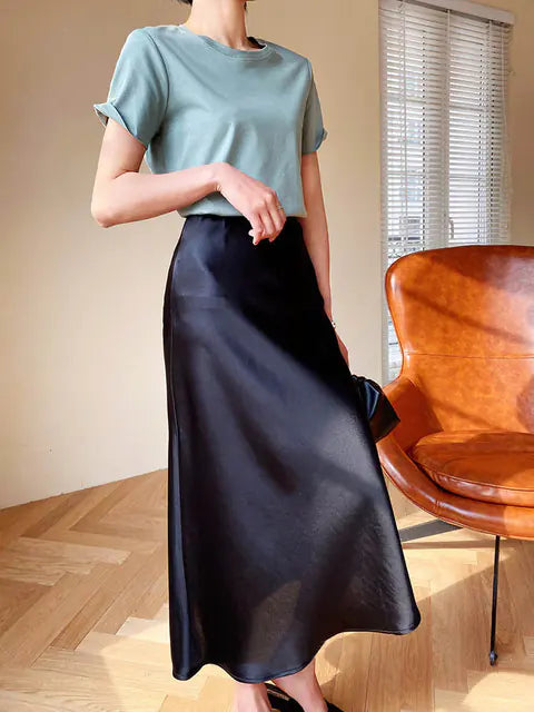 Elegant A-line Satin Silk Skirt for Women - Black/Champagne
