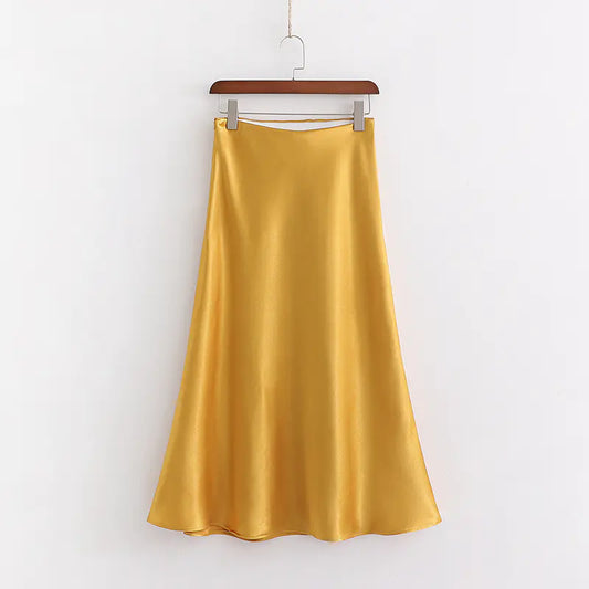 Elegant High Waist White Silk A-line Midiskirt for Women