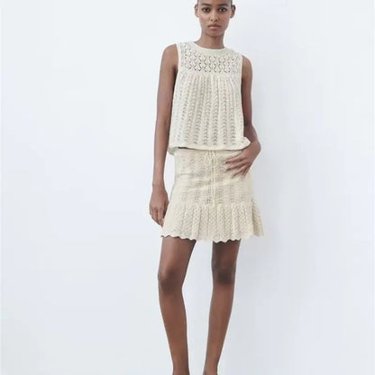 2023 Summer Fashion Knit Set with Floral Mesh Top & Skirt